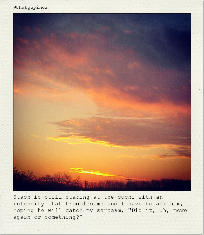 Stash is still staring at the sushi with an intensity that troubles me and I have to ask him, hoping he will catch my sarcasm, "Did it, uh, move again or something?"
