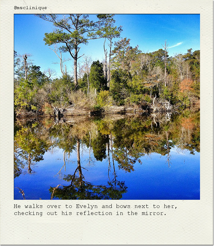 He walks over to Evelyn and bows next to her, checking out his reflection in the mirror.