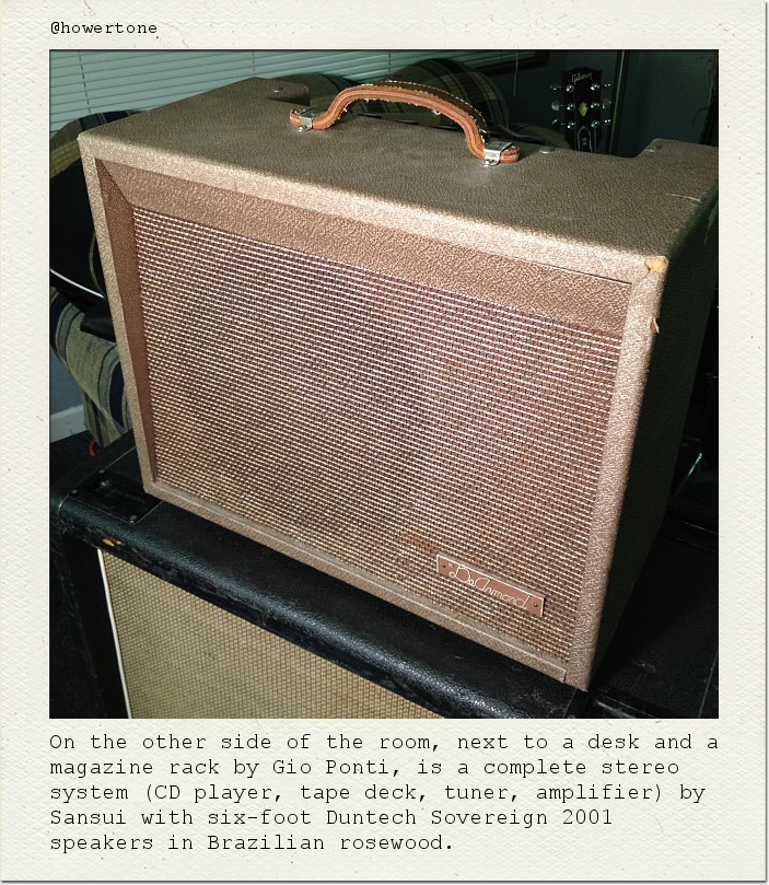 On the other side of the room, next to a desk and a magazine rack by Gio Ponti, is a complete stereo system (CD player, tape deck, tuner, amplifier) by Sansui with six-foot Duntech Sovereign 2001 speakers in Brazilian rosewood.