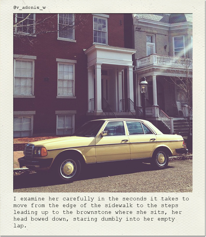 I examine her carefully in the seconds it takes to move from the edge of the sidewalk to the steps leading up to the brownstone where she sits, her head bowed down, staring dumbly into her empty lap.