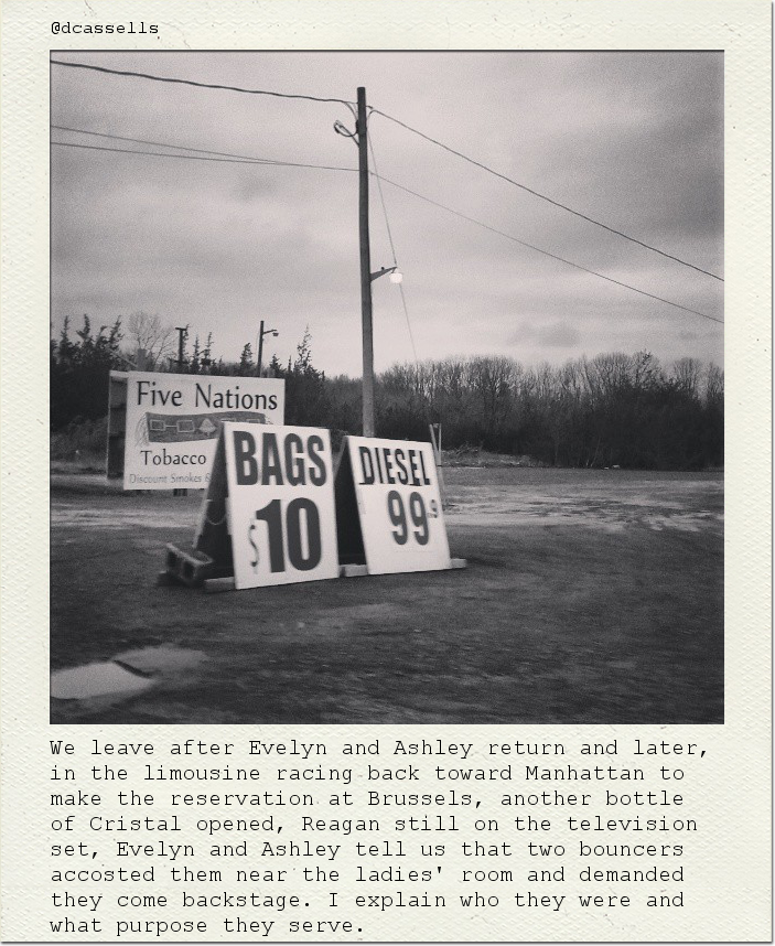 We leave after Evelyn and Ashley return and later, in the limousine racing back toward Manhattan to make the reservation at Brussels, another bottle of Cristal opened, Reagan still on the television set, Evelyn and Ashley tell us that two bouncers accosted them near the ladies' room and demanded they come backstage. I explain who they were and what purpose they serve.