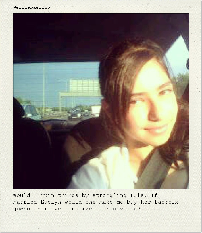 Would I ruin things by strangling Luis? If I married Evelyn would she make me buy her Lacroix gowns until we finalized our divorce?