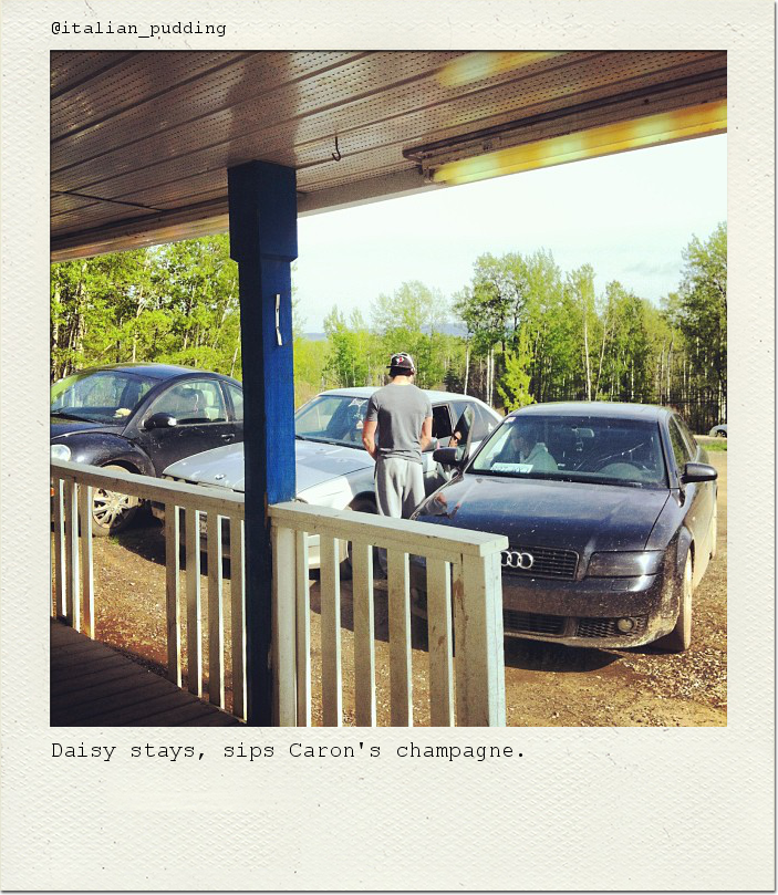 Daisy stays, sips Caron's champagne.