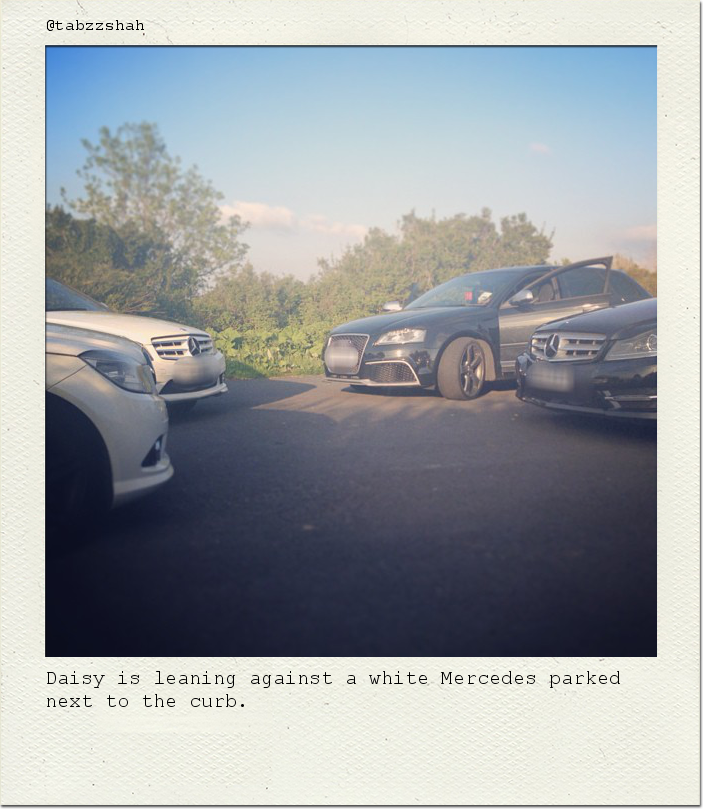 Daisy is leaning against a white Mercedes parked next to the curb.