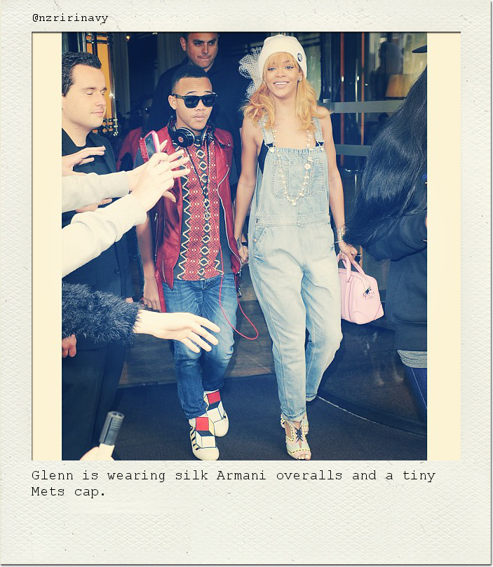 Glenn is wearing silk Armani overalls and a tiny Mets cap.
