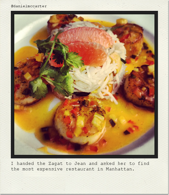 I handed the Zagat to Jean and asked her to find the most expensive restaurant in Manhattan.