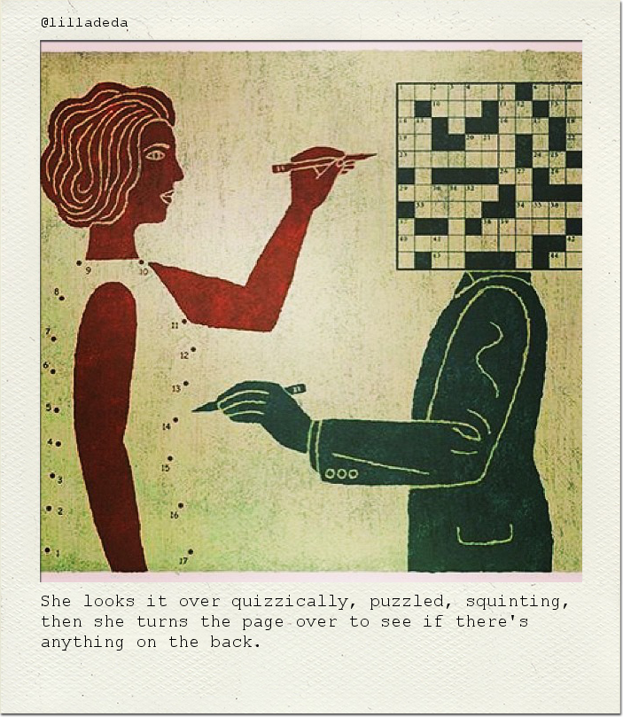 She looks it over quizzically, puzzled, squinting, then she turns the page over to see if there's anything on the back.