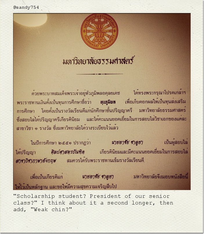"Scholarship student? President of our senior class?" I think about it a second longer, then add, "Weak chin?"