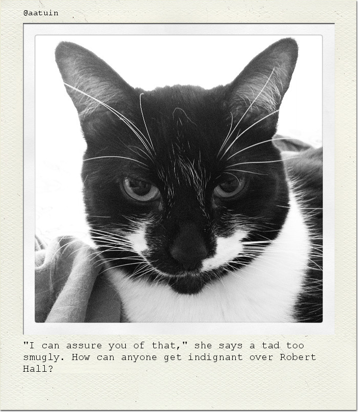 "I can assure you of that," she says a tad too smugly. How can anyone get indignant over Robert Hall?