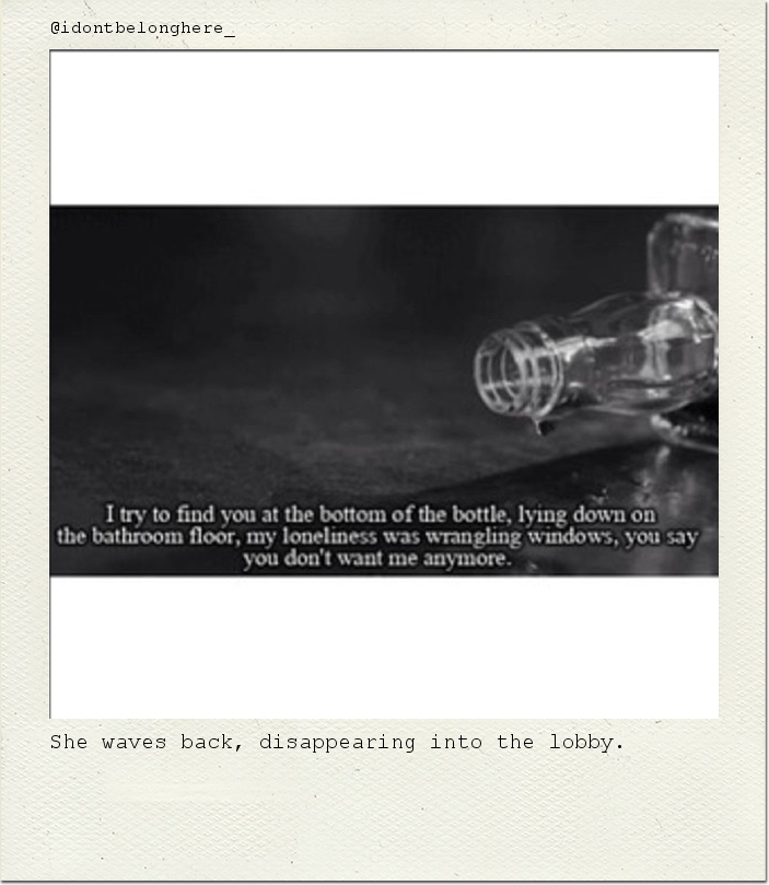 She waves back, disappearing into the lobby.