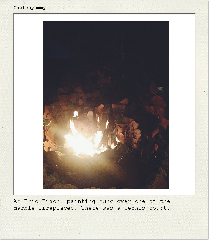 An Eric Fischl painting hung over one of the marble fireplaces. There was a tennis court.