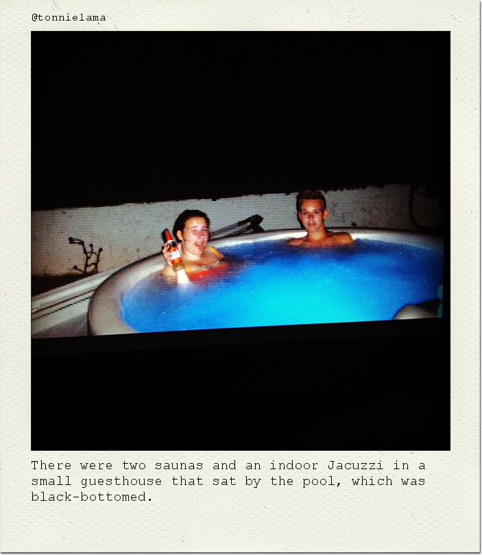 There were two saunas and an indoor Jacuzzi in a small guesthouse that sat by the pool, which was black-bottomed.