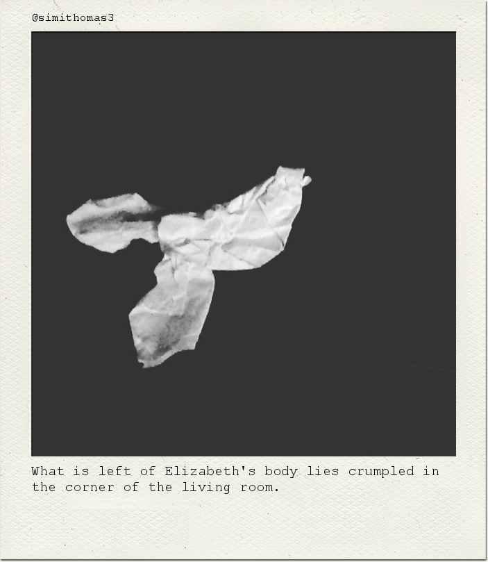 What is left of Elizabeth's body lies crumpled in the corner of the living room.