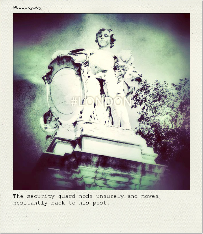 The security guard nods unsurely and moves hesitantly back to his post.
