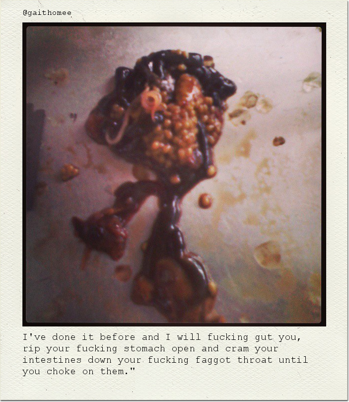 I've done it before and I will fucking gut you, rip your fucking stomach open and cram your intestines down your fucking faggot throat until you choke on them."