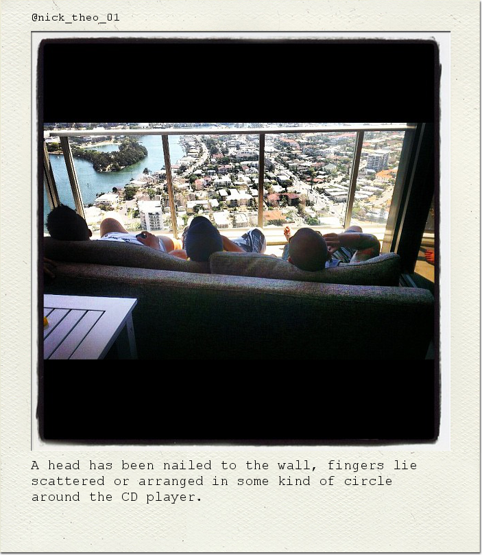 A head has been nailed to the wall, fingers lie scattered or arranged in some kind of circle around the CD player.