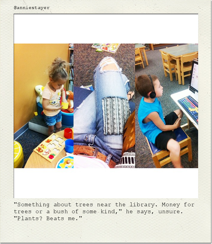"Something about trees near the library. Money for trees or a bush of some kind," he says, unsure. "Plants? Beats me."