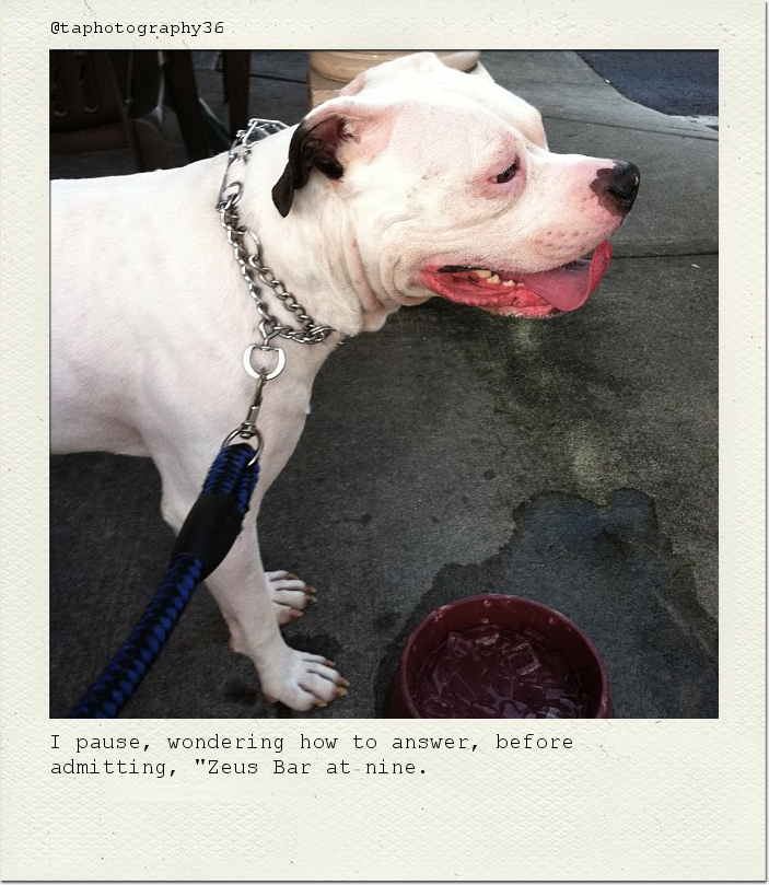 I pause, wondering how to answer, before admitting, "Zeus Bar at nine.