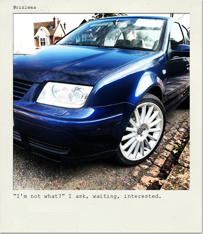 "I'm not what?" I ask, waiting, interested.