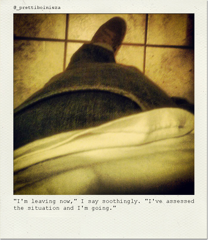 "I'm leaving now," I say soothingly. "I've assessed the situation and I'm going."