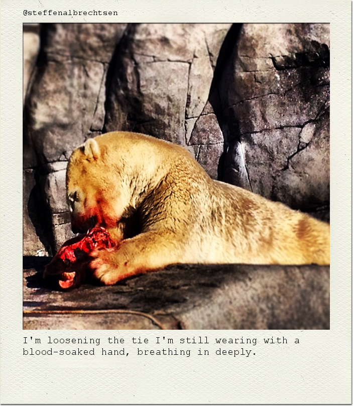 I'm loosening the tie I'm still wearing with a blood-soaked hand, breathing in deeply.