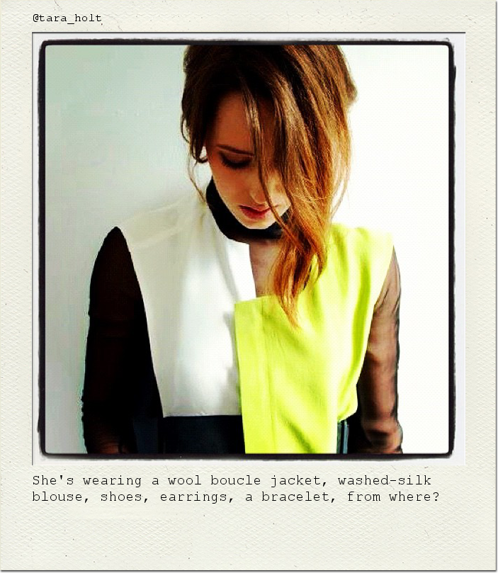 She's wearing a wool boucle jacket, washed-silk blouse, shoes, earrings, a bracelet, from where?