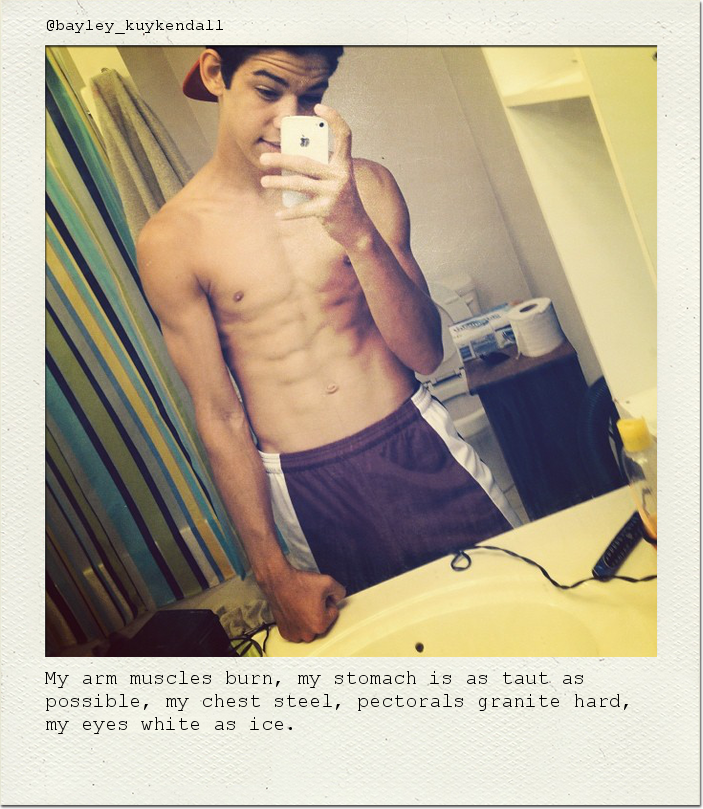 My arm muscles burn, my stomach is as taut as possible, my chest steel, pectorals granite hard, my eyes white as ice.
