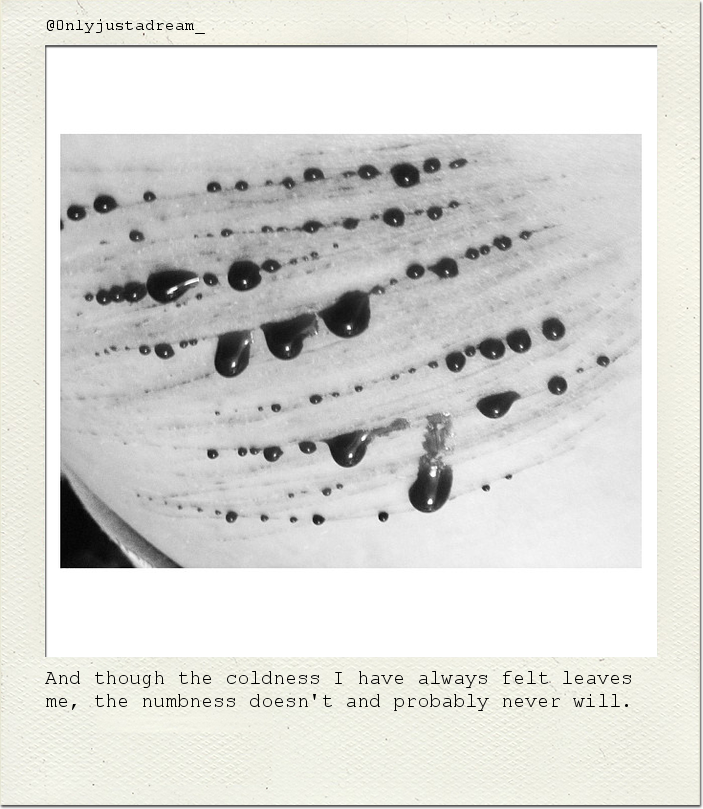 And though the coldness I have always felt leaves me, the numbness doesn't and probably never will.