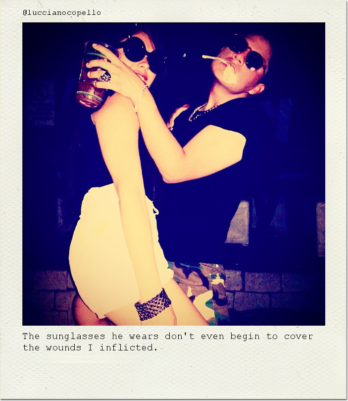 The sunglasses he wears don't even begin to cover the wounds I inflicted.