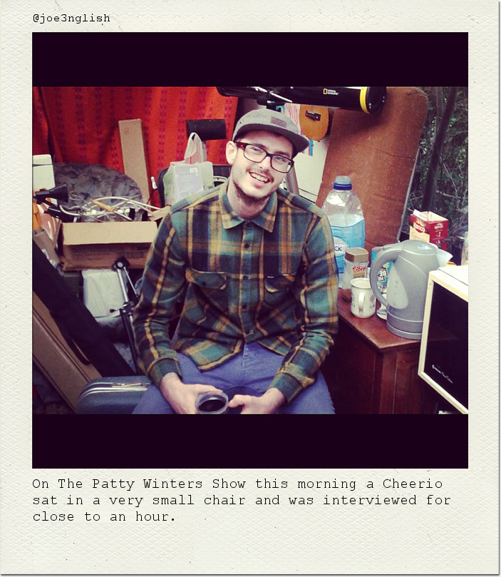 On The Patty Winters Show this morning a Cheerio sat in a very small chair and was interviewed for close to an hour.