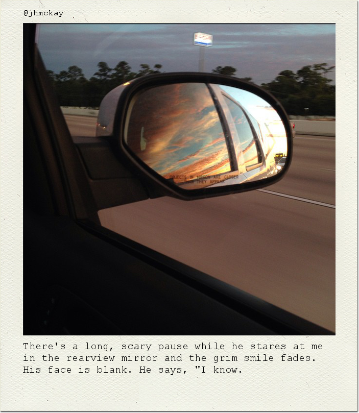 There's a long, scary pause while he stares at me in the rearview mirror and the grim smile fades. His face is blank. He says, "I know.